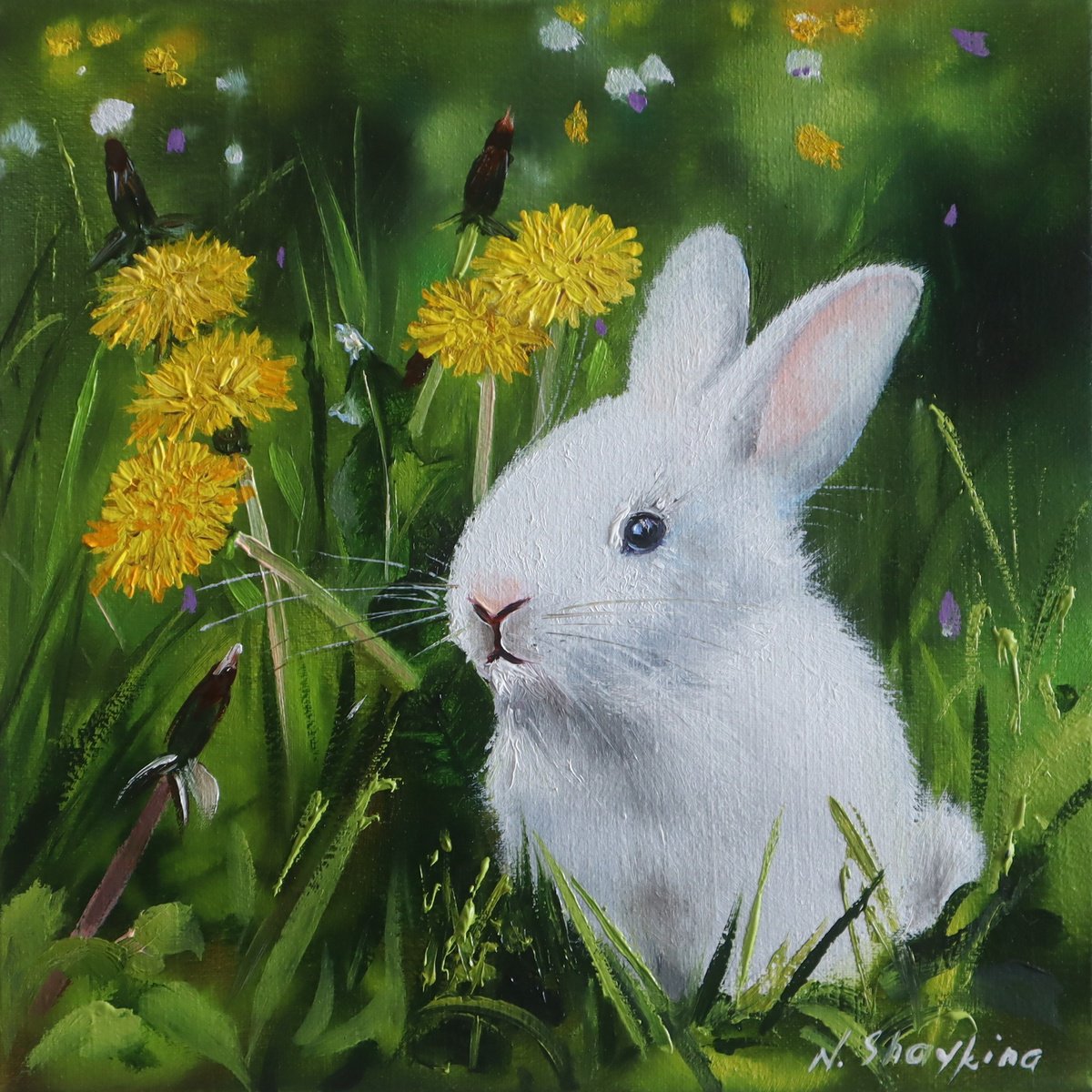 Photorealistic Animal Oil Painting By Natalia Shaykina, 10 X 10", White Rabbit In Dandelions, Original Artwork