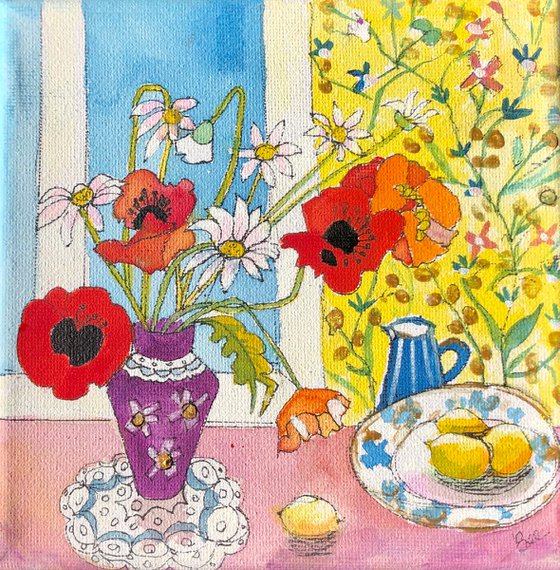 Daisies and Poppies in a Purple Vase