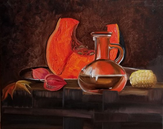 Still Life with Pumpkin. Original Oil Painting on Canvas. Christmas gift. New Year gift. 16" x 20". 40.6 x 50.8 cm. 2019.