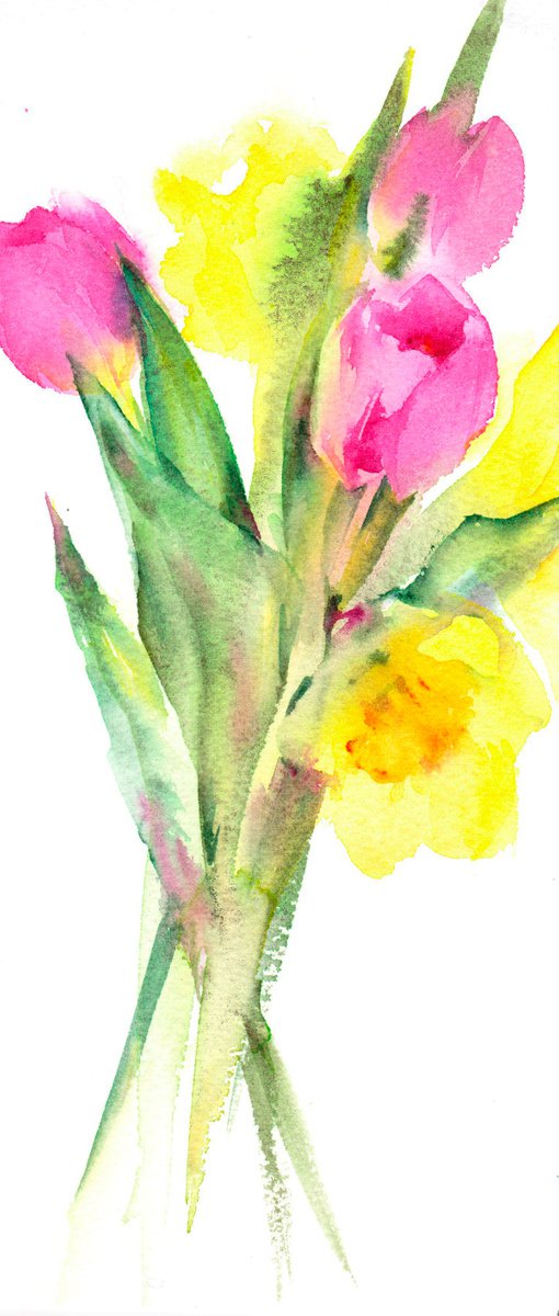 Original watercolour painting of a small bunch of tulips and daffodils by Anjana Cawdell