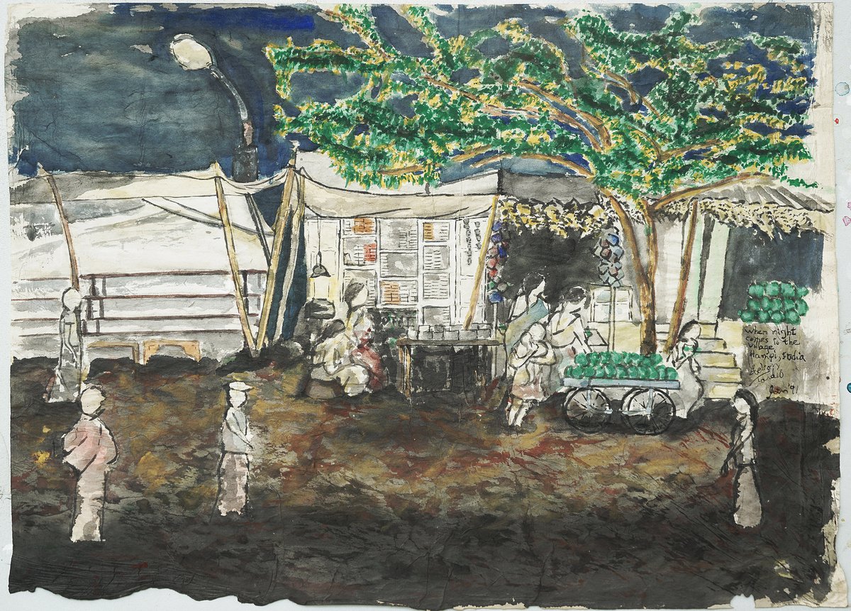 Expressive Portrait Watercolour By Gordon T., 19 X 14, Night In The Village, India, Original Artwork