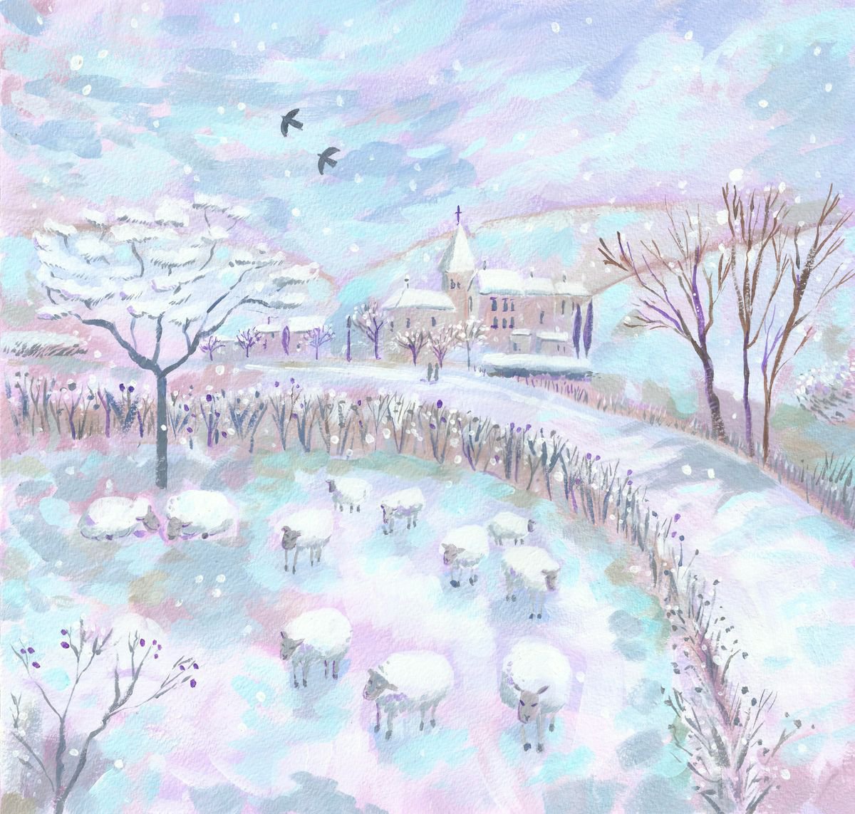 Winter Landscape With Sheep By Mary Stubberfield, 15 X 14, Artwork For Sale On Artfinder