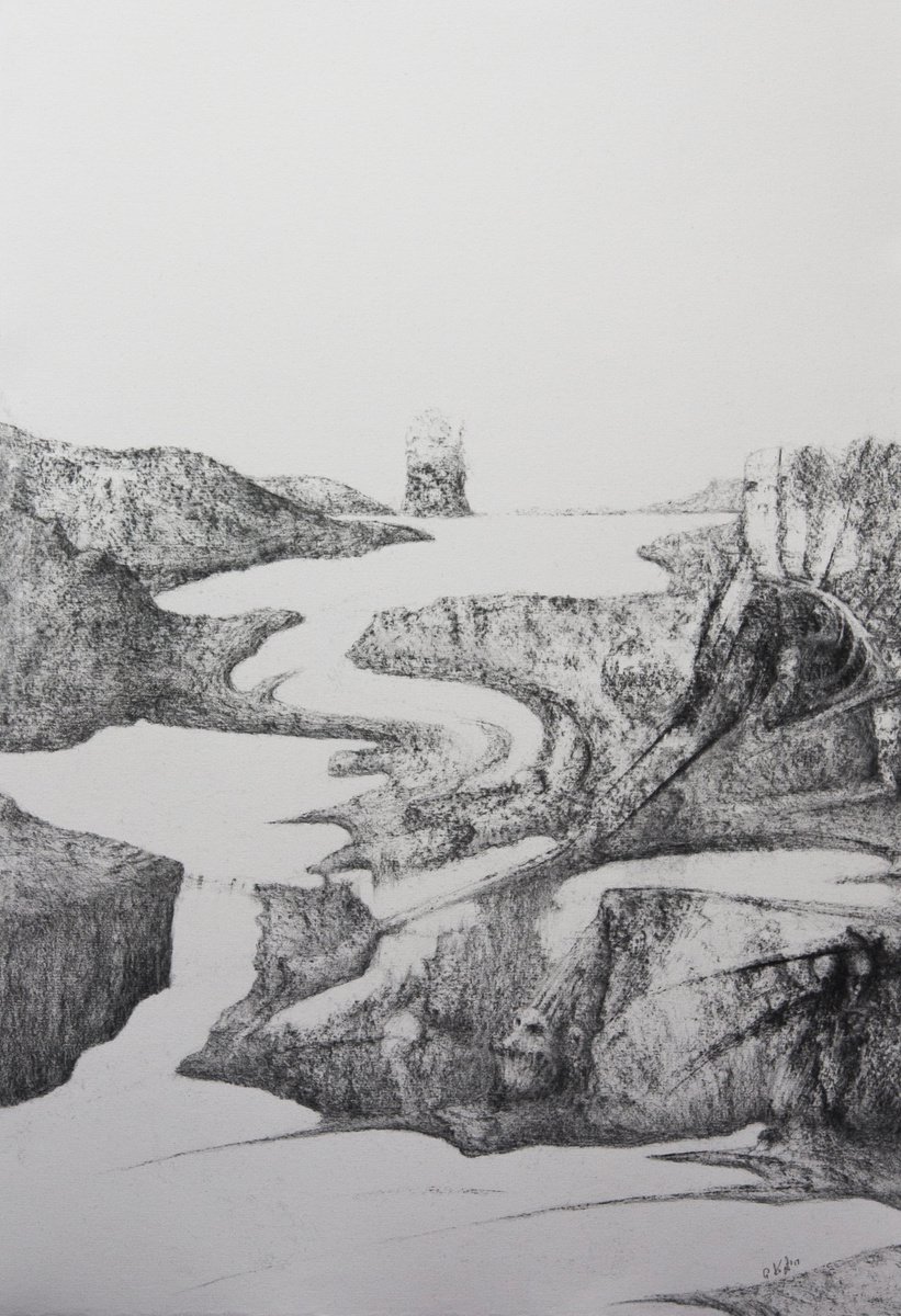 Surrealistic Landscape Charcoal Drawing By Przemek Kret, 14 X 20", Inner Landscape, Original Artwork