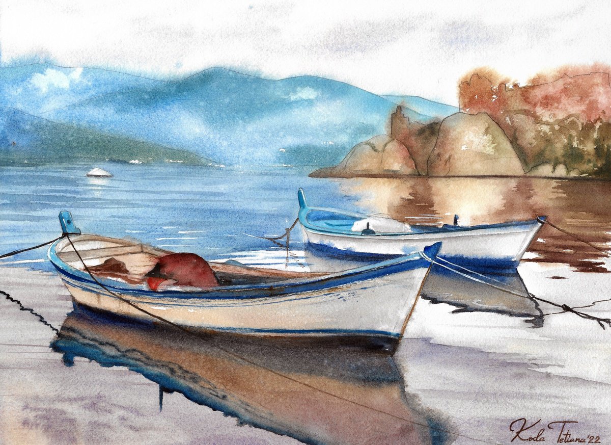 Photorealistic Landscape Watercolour By Tetiana Koda, 15 X 11", Lonely Boats, Original Artwork