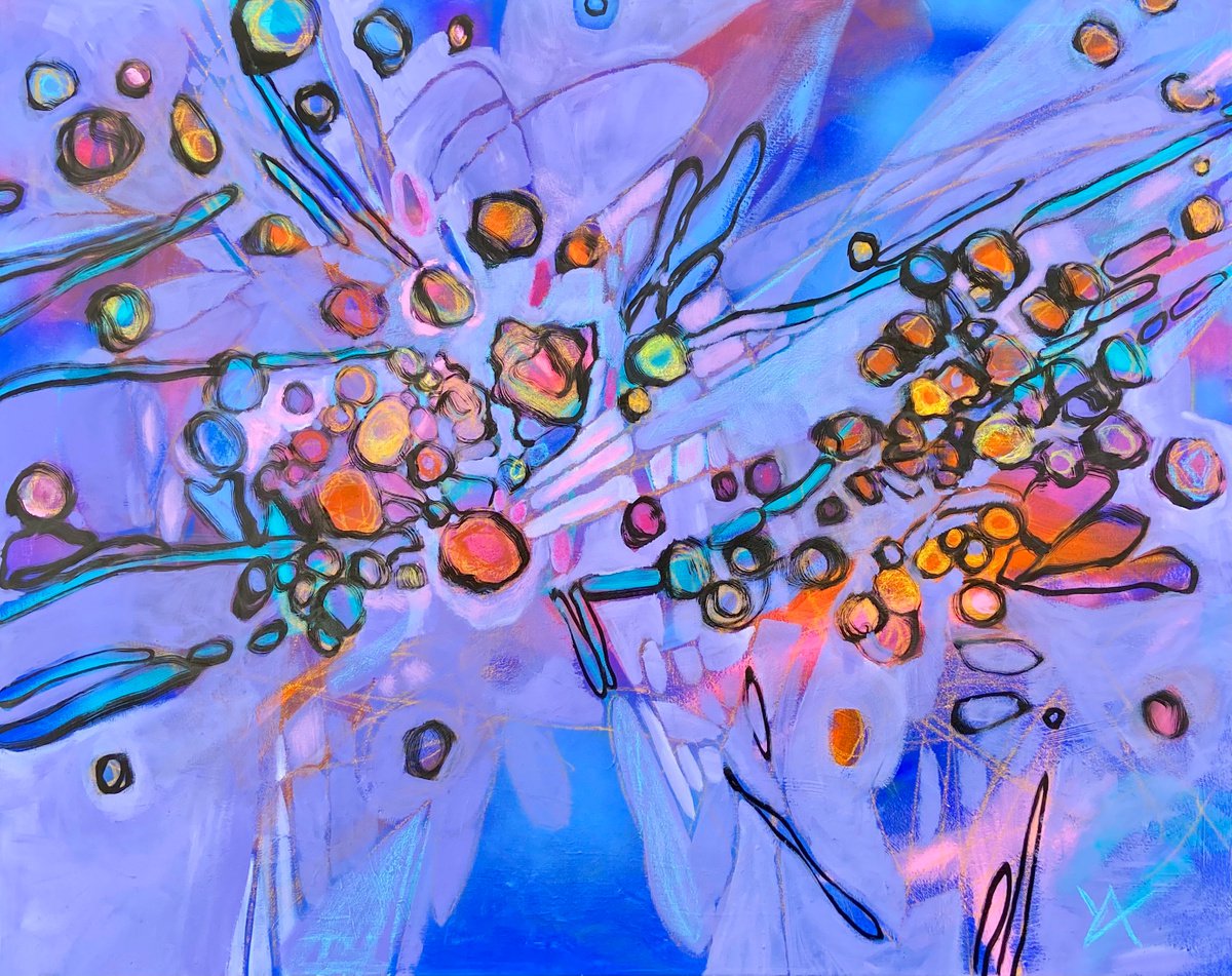17.03.22- a large scale 80x100 cm blue pink orange abstract painting by Yulia Ani