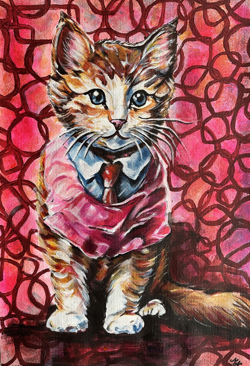 Urban And Pop Animal Acrylic Painting By Misty Lady - M. Nierobisz, 13 X 19", Funny Kitten In Colorful Suit, Original Artwork