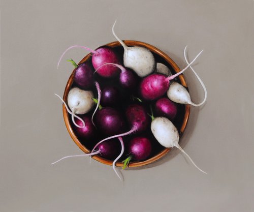 Radishes in a ceramic bowl by Mike Skidmore