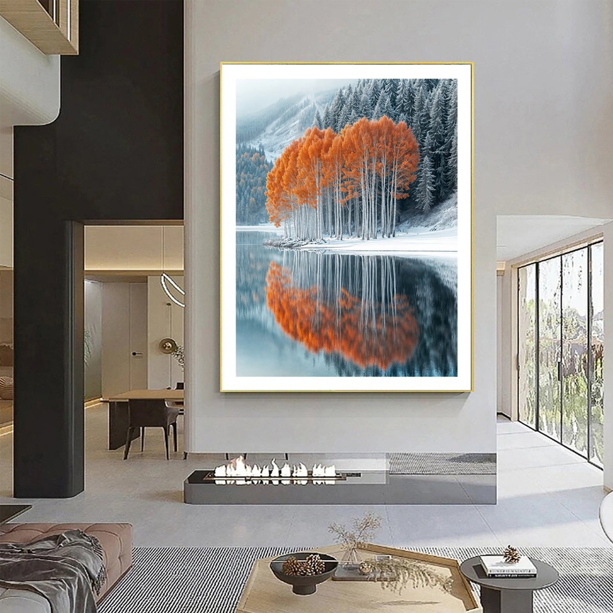 Photorealistic Landscape Photograph By Michael Filonow, 26 X 32", Winter Trees Reflection 2, Original Artwork