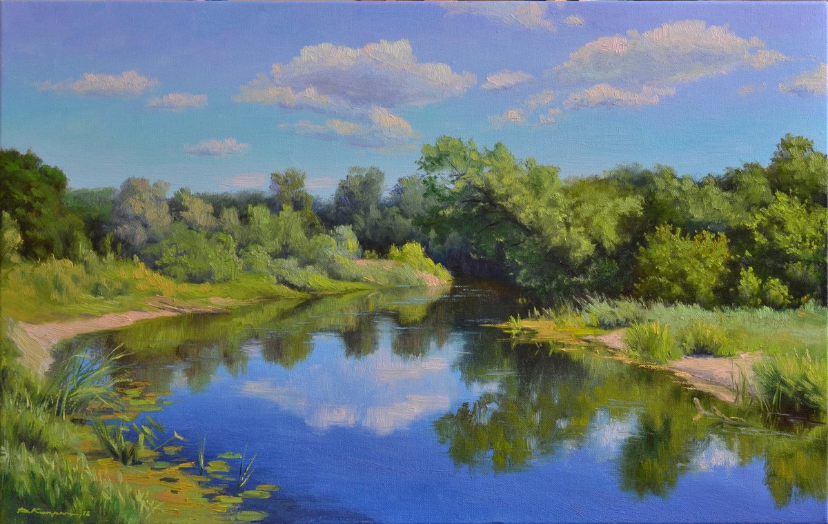 Photorealistic Landscape Oil Painting By Ruslan Kiprych, 31 X 20", Forest River, Original Artwork