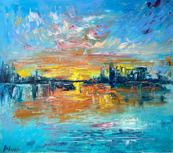 Sunset - Big city never sleeps, 70*80cm, impressionistic landscape oil painting in orange and turquoise