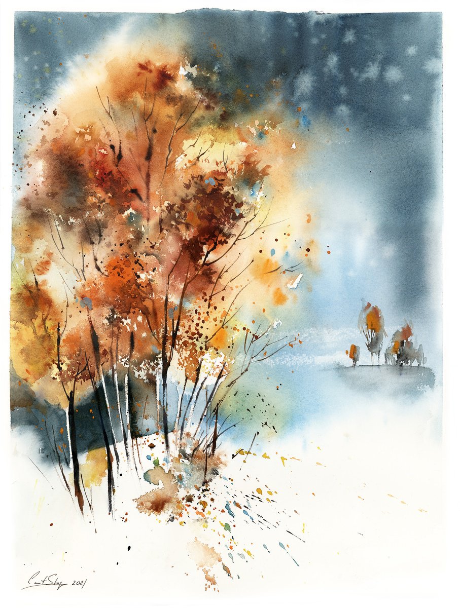 Impressionistic Landscape Watercolour By Sophie Rodionov, 17 X 22", Autumnal Trees Landscape, Original Artwork