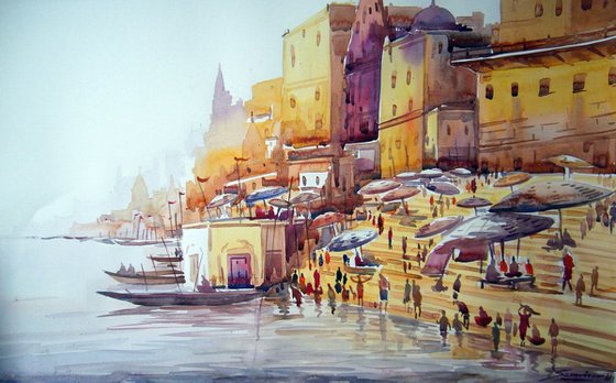 Varanasi Ghat at Morning - Watercolor Painting