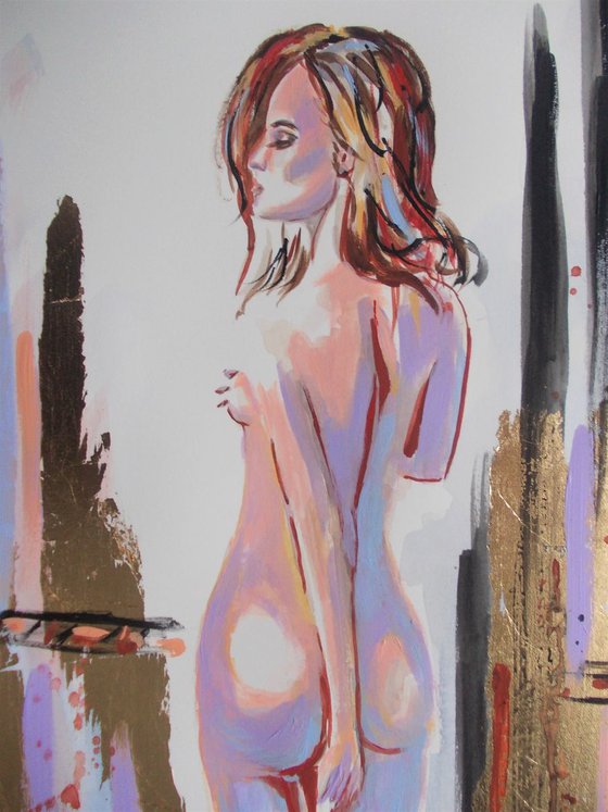 Helen -Mixed Media Nude Woman  Painting on Paper