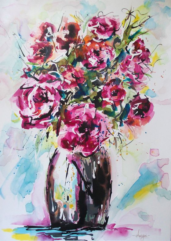 Roses In A Vase  - Watercolor Roses In A Vase Painting