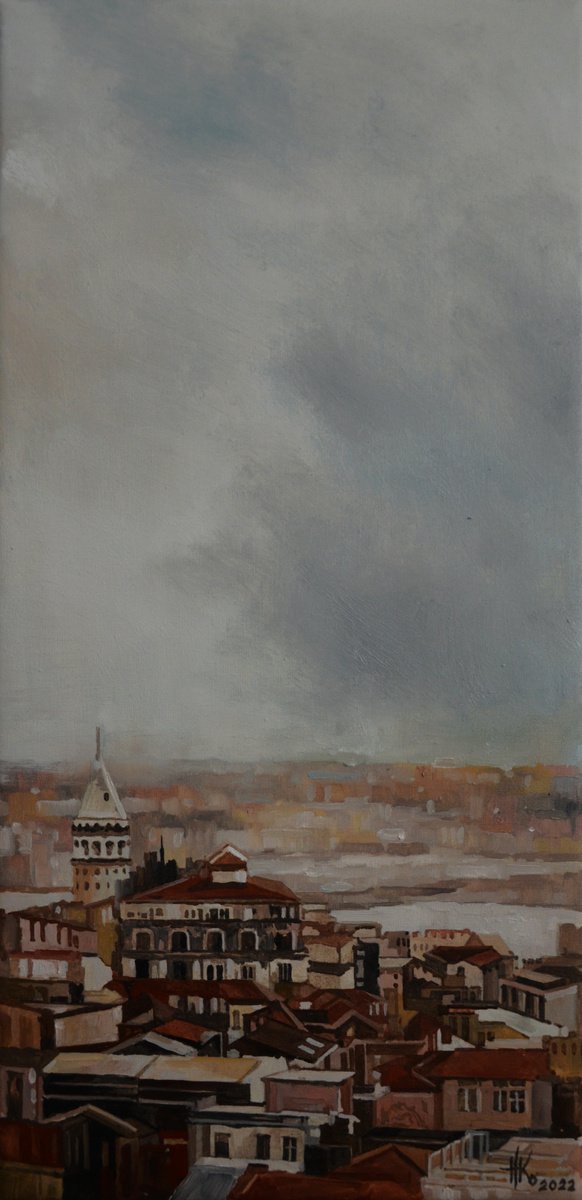 Impressionistic Cityscapes Oil Painting By Zhanna Kondratenko, 9 X 20", Mainly Cloudy, Original Artwork