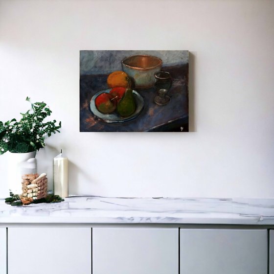 Still life with the old copper bowl