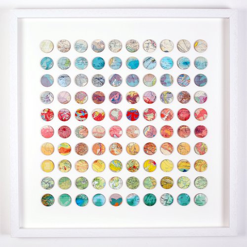 100 Rainbow Map Dots Geometric Artwork white frame by Amelia Coward