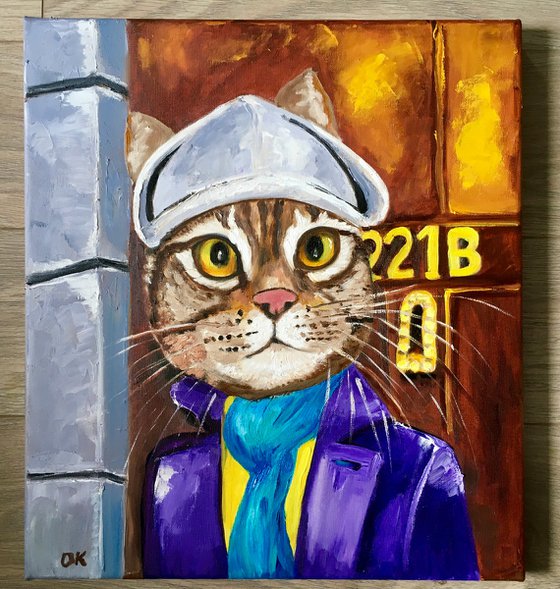Troy The  Cat- Sherlock Holmes  Baker  Street 221 B   oil painting for cat lovers.
