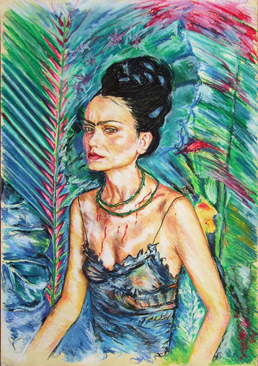 Frida Kahlo / Portrait in Oil Pastel by Anna Sidi-Yacoub