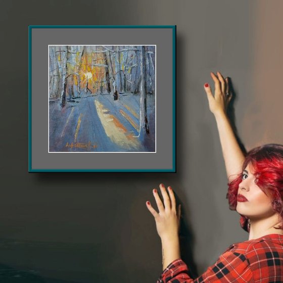 'WINTER SUN IN THE WOOD' - Medium Oil Painting on Canvas-Panel