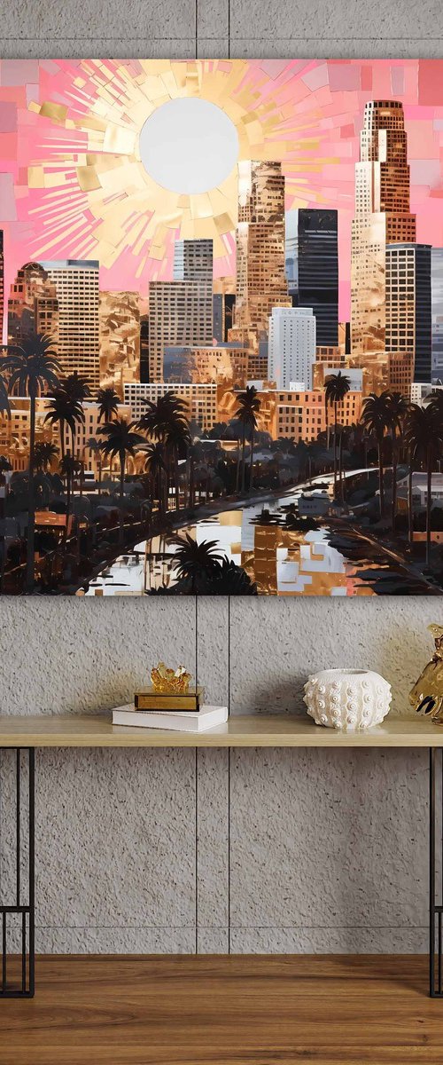 California Dreaming. Sunset in Los Angeles. Abstract expressionism urban USA palm trees and skyscrapers cityscene, colorful pink gold black bronze landscape art. Large wall art home decor. Art Gift by BAST