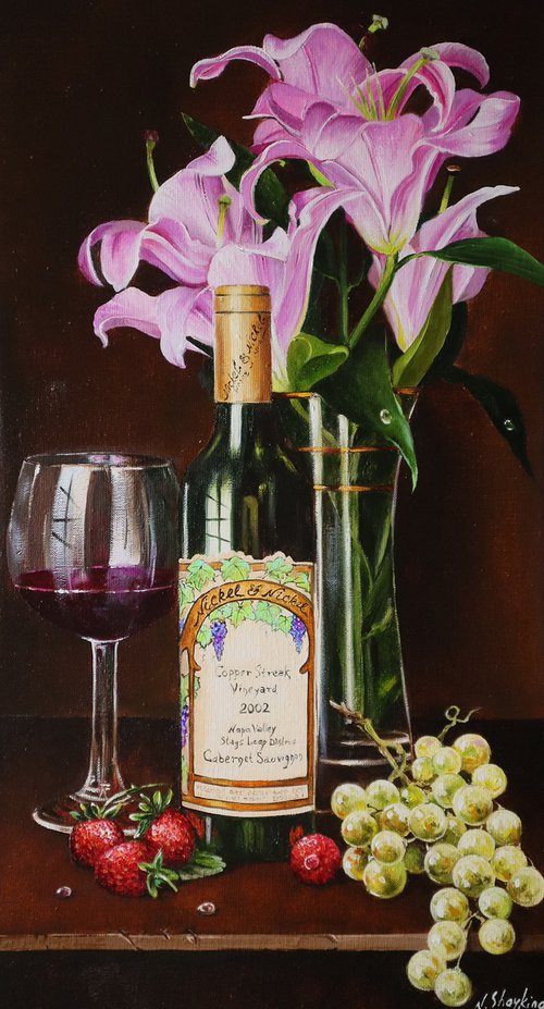 Pink Lillie’s and Wine Bottle by Natalia Shaykina