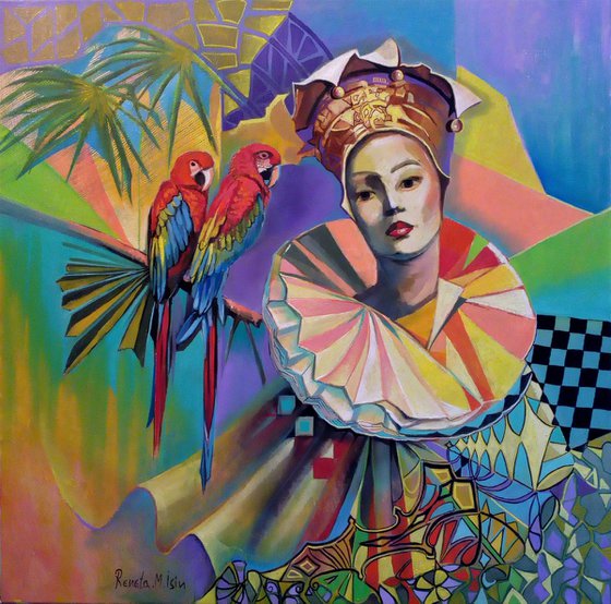 " Joker " - 80 x 80cm Original Oil Painting Parrots