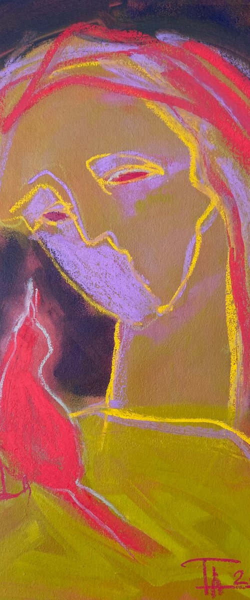 Portrait with a red bird. by Tatjana Auschew