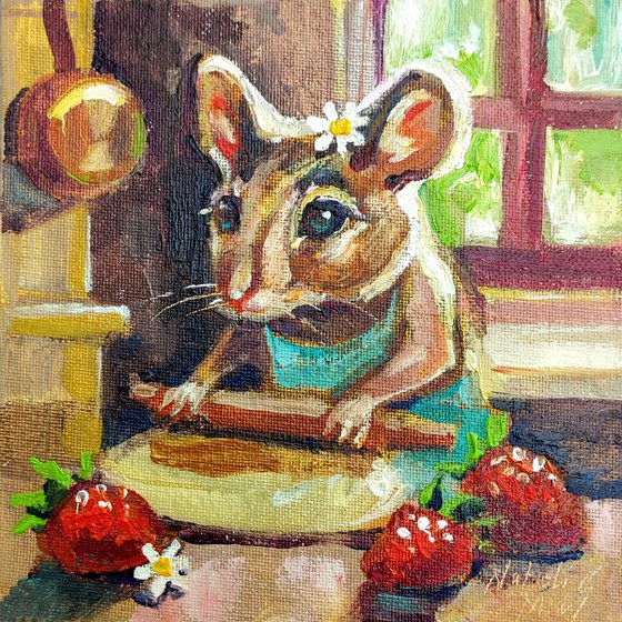 The mouse is baking a strawberry pie