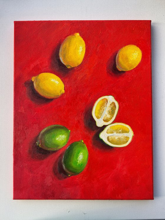 Lemon on red background