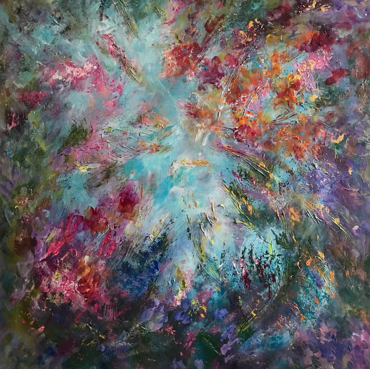 Abstract Landscape Painting By Tetiana Pchelnykova, 31 X 31", Sky Through The Blossoms, Original Artwork