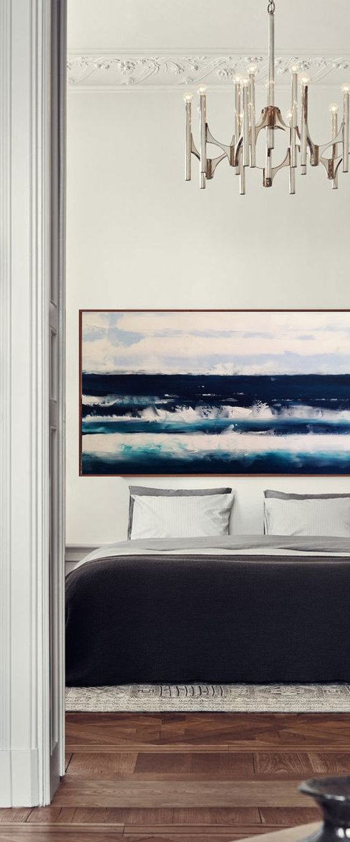 Turquoise blu sea waves- large size 100 x 50 x4 ( 39' x 20' x 1,5') Ready to hang by Carlo Toma