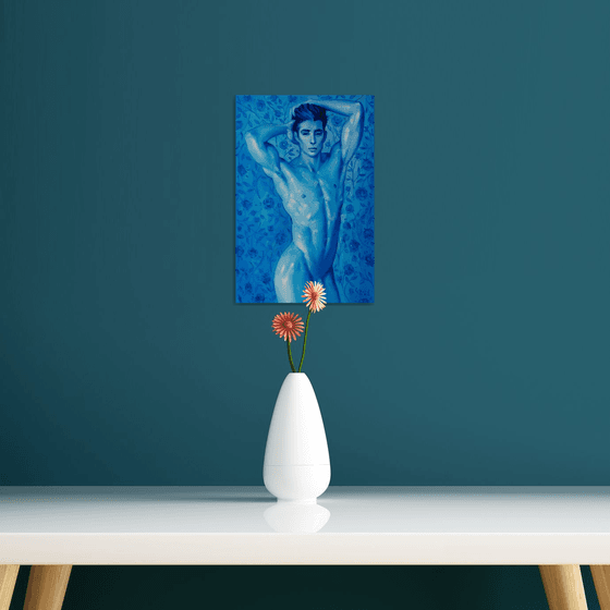 BLUE FLOWERS by Yaroslav Sobol (Modern Abstract Figurative Oil painting of a Man Nude Male Model Gift Male Nude Home Decor)