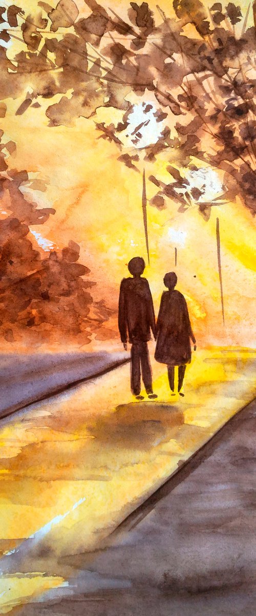 Couple Painting Fall NYC Original Art Walk in Central Park Watercolor Stroll Small Wall Art 8 by 12 inches by Halyna Kirichenko