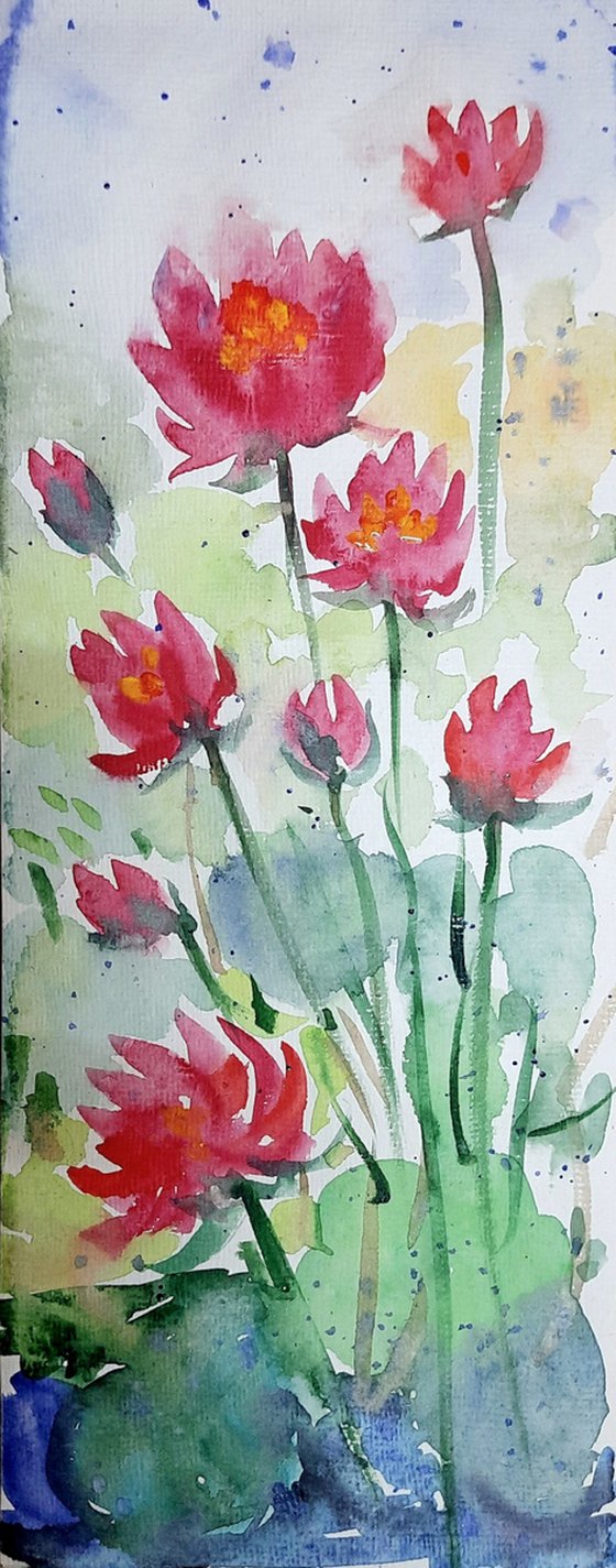 Lotus flowers - Watercolor on paper 4.5"x 12"
