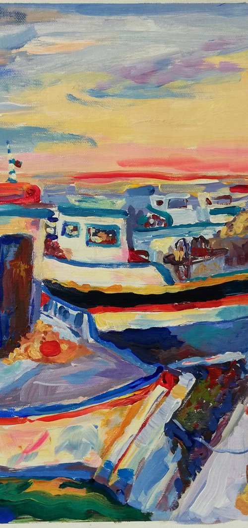 Greek Boats at Sunset by Jelena Djokic
