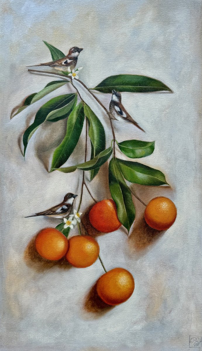 Photorealistic Still Life Oil Painting By Priyanka Singh, 14 X 24", Whispers Among Oranges, Original Artwork