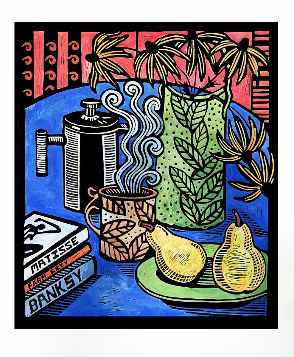 Coffee Time Linocut by Laurel Macdonald | Artfinder