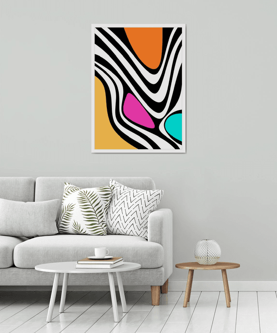 Abstraction artwork zebra multi-colored yellow pink blue black stripes