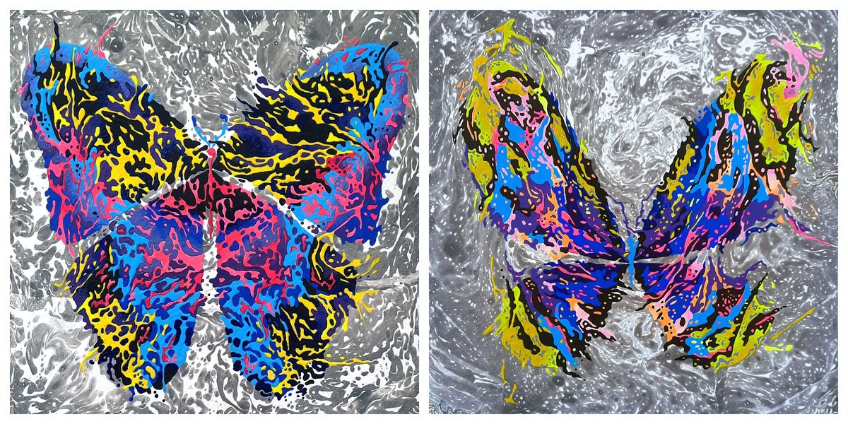 Abstract Animal Acrylic Painting By Mariia Raskin, 20 X 10", Set Of 2 «Mysterious Mood», Original Artwork