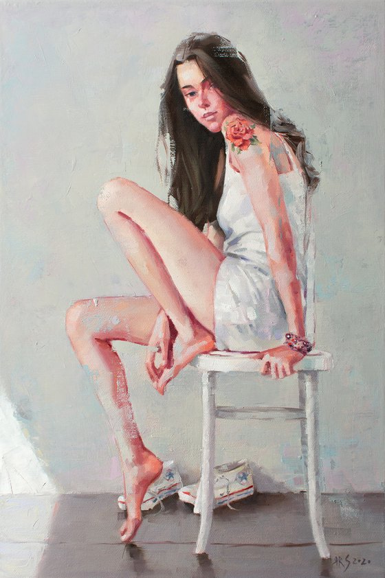 ROSE - An original tender oil painting portrait of a teenage girl in her sunlit room sitting on a vintage chair by Yaroslav Sobol.