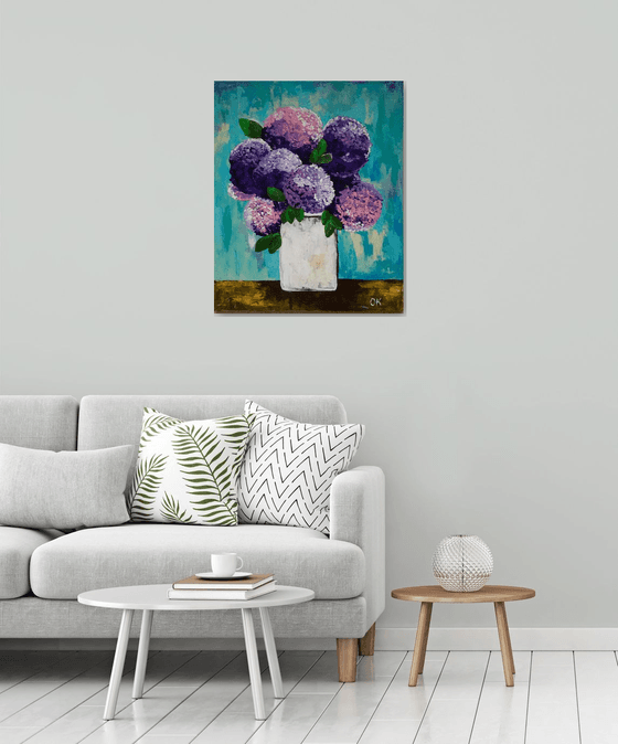 BOUQUET OF Purple and Pink  hydrangea in a white vase palette  knife Original Acrylic painting office home decor gift