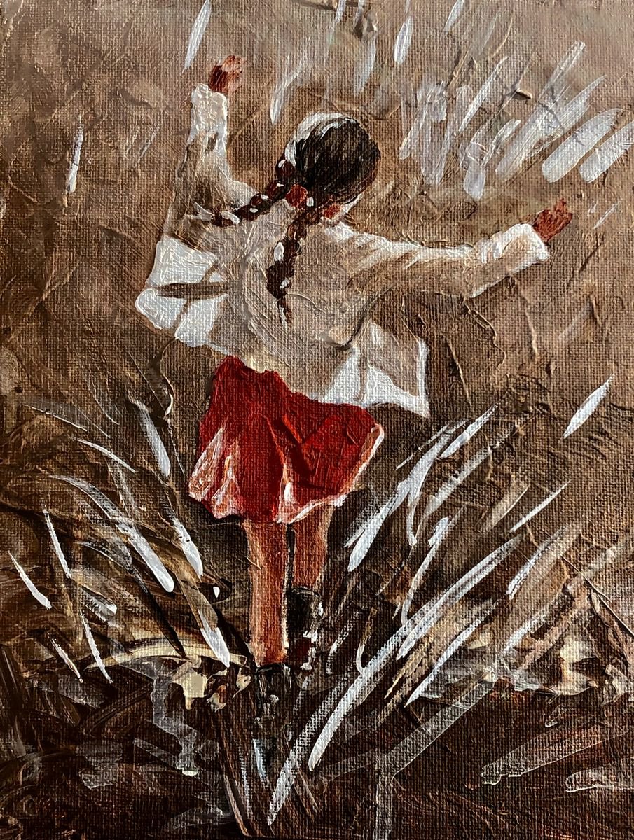 Impressionistic Portrait Acrylic Painting By Inna Montano, 8 X 10, Running Trough The Grass, Original Artwork