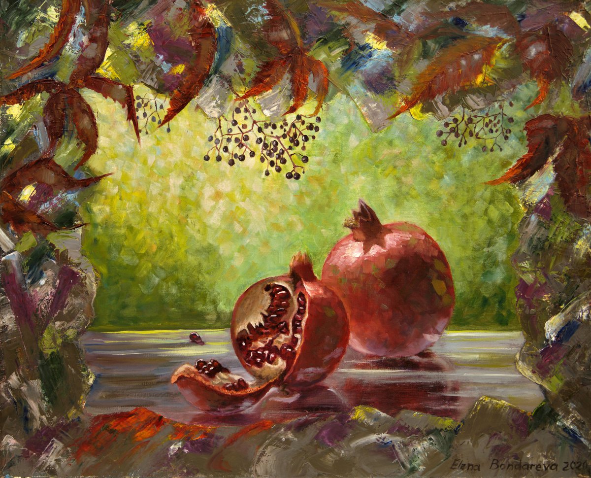 Pomegranate-ripe fruit with juicy grains in a decent environment, oil painting, home decor... by Elena Bondareva