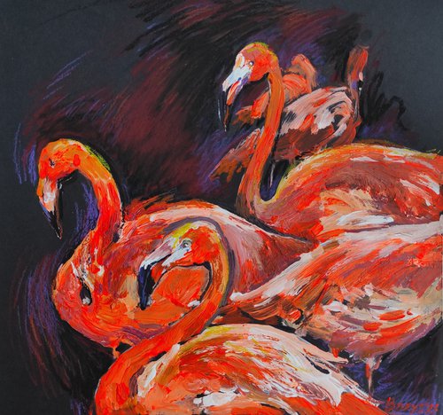 Orange birds flamingo on a black background by Tetiana Borys