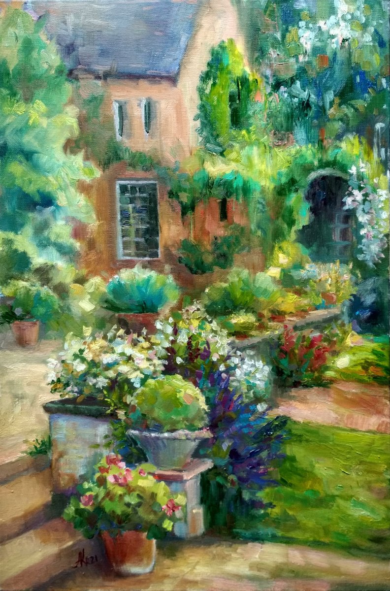 Impressionistic Botanical Oil Painting By Ann Krasikova, 16 X 24, Terrace In Bloom, Original Artwork