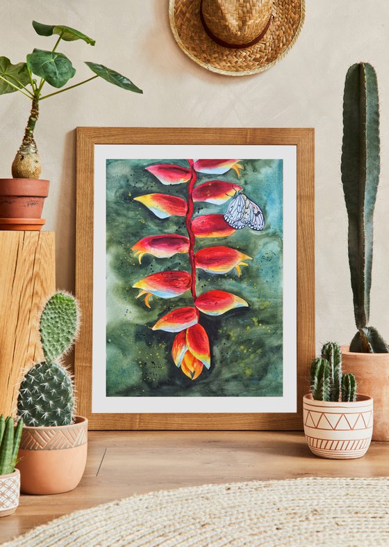 Exotic flower and butterfly - original watercolor