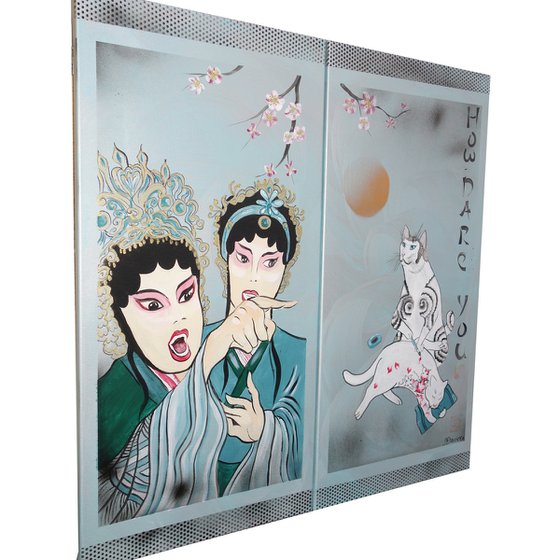 Geisha yelling at Cat-artist J260 - silver teal diptych, original art, japanese style paintings by artist Ksavera
