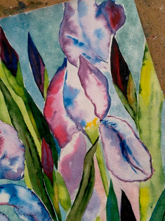 Irises Painting Floral Original Art Flowers Watercolor Artwork Small Wall Art 17 by 12" by Halyna Kirichenko