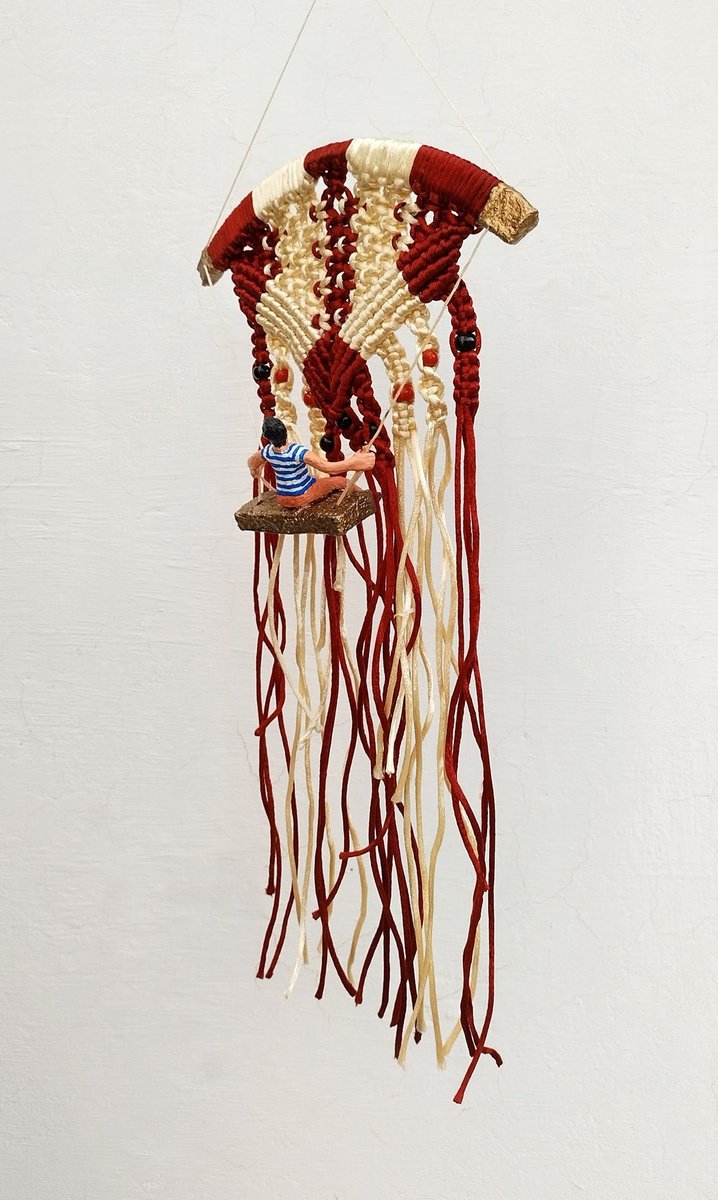 Boy and the macrame knots wall hanging sculpture by Shweta  Mahajan